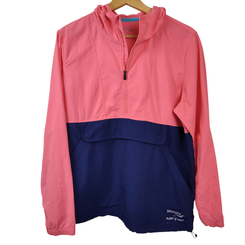 Saucony Pullover Jacket Womens Medium Pink Blue Fleet Feet Hooded Windbreaker